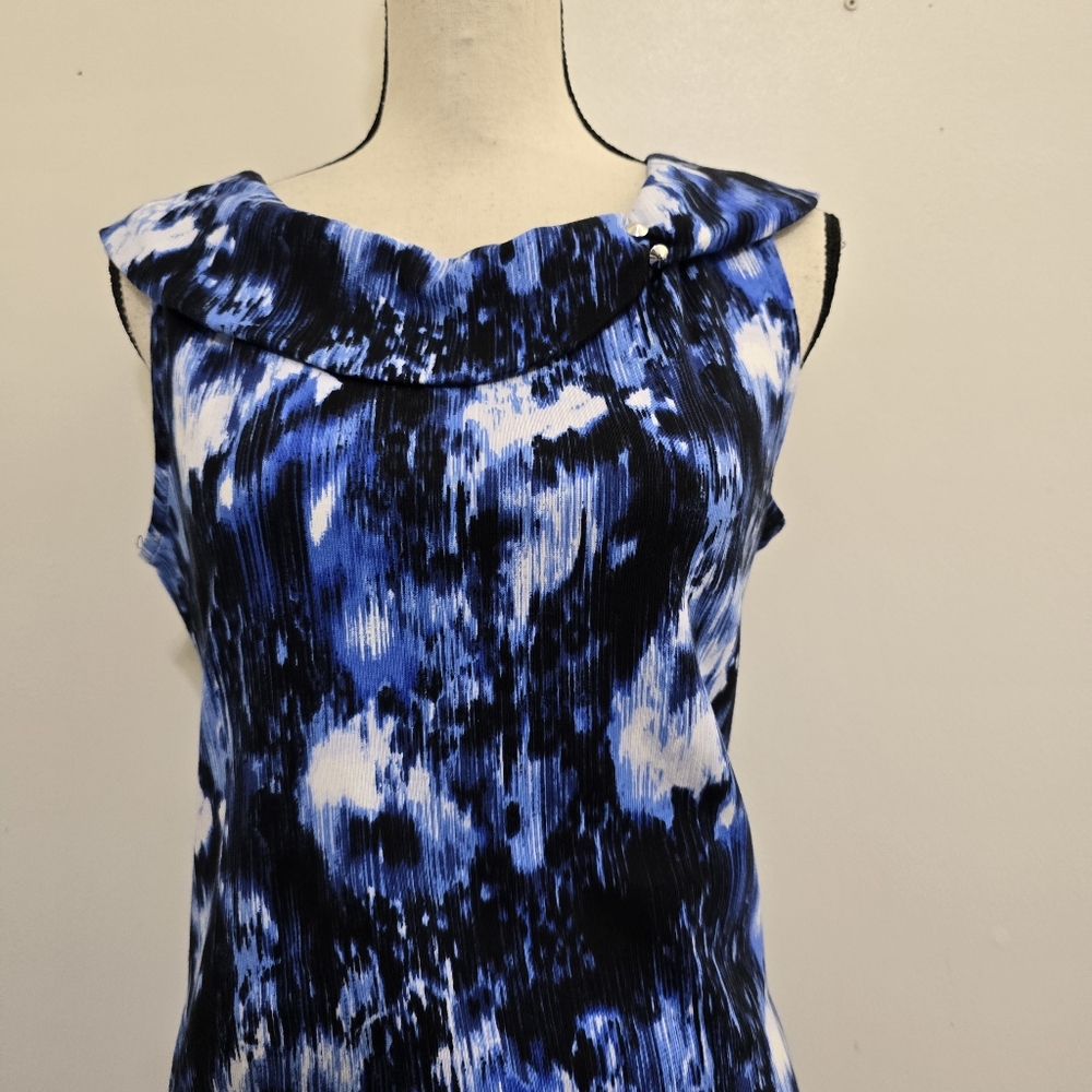 RAFAELLA size Medium Sleeveless Wide Collar Abstract Shift Dress‎ Blue - Picture 2 of 14